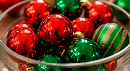 Festive display of red and green Christmas balls in a clear glass bowl, ready to be used as festive decorations.