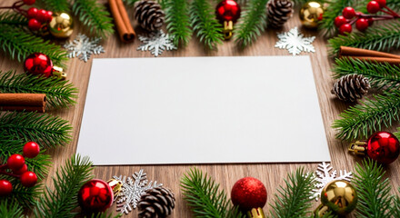 Blank card surrounded by festive Christmas decorations: fir branches, pine cones, ornaments, snowflakes, cinnamon, and berries on wood.