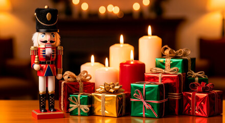 Festive still life featuring a nutcracker, gifts, & candles for a cozy holiday scene. Warm colors, & traditional decorations.