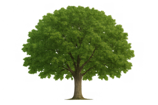 Deciduous tree boasting vivid green leaves, a strong trunk, and prominent roots, ideal for architectural modeling