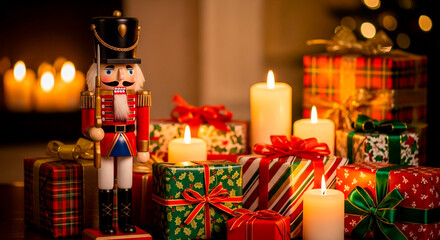 A festive holiday display featuring a decorative nutcracker, glowing candles, and beautifully wrapped gifts, radiating warmth and cheer.