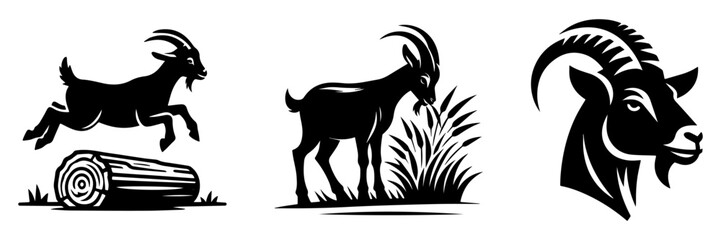 Goat Silhouettes: Jumping Grazing and Head Portrait.