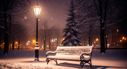 Winter's embrace: A snow-covered bench sits serenely under the warm glow of a lamppost, creating a tranquil scene in a winter wonderland.