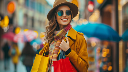 A woman wearing a yellow coat and a hat is holding shopping bags. black friday, deal,