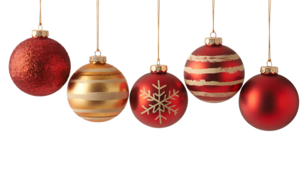 Five christmas ornaments hanging isolated on transparent background for holiday decoration