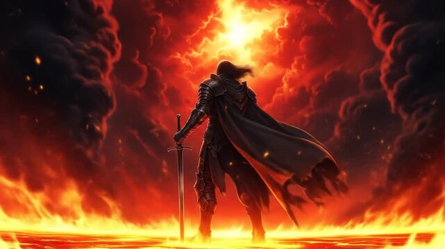 A lone warrior clad in dark armor stands defiantly amidst a raging inferno, bathed in the fiery glow of a hellish landscape