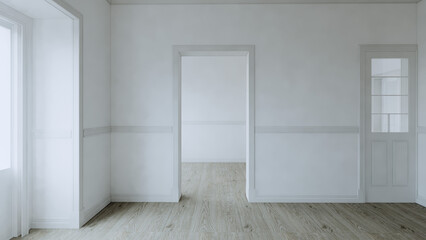 Minimalist classic white room with wooden floor, window, and doors.