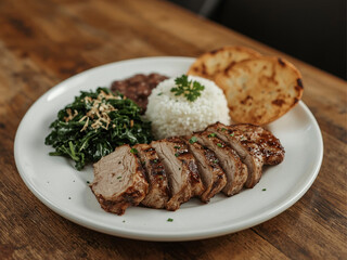 A tasty meal with grilled meat, soft rice, warm flatbread, cooked greens, and mashed beans