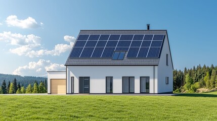 Aerial view of a modern eco friendly house with solar panels installed on the roof surrounded by a lush green landscape of rolling hills forests and a clear blue sky with fluffy white clouds