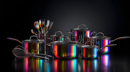 Iridescent Rainbow Stainless Steel Cookware Set on Black