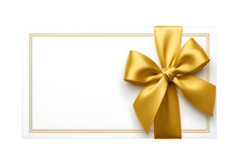 Elegant golden ribbon tied on a blank white framed card.