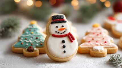 Festive snowman and Christmas tree cookies arranged for a holiday celebration