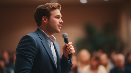 Young man in suit giving lecture while speaking into a microphone  