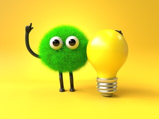 Fluffy, cute monster with a lightbulb, symbolizing ideas and innovation. 3D rendering, conceptual image. Isolated on white background.