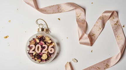 Festive 2026 ornament with dried flowers and ribbon.