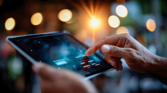 Close-up of hands using a digital tablet in a warm glowing environment