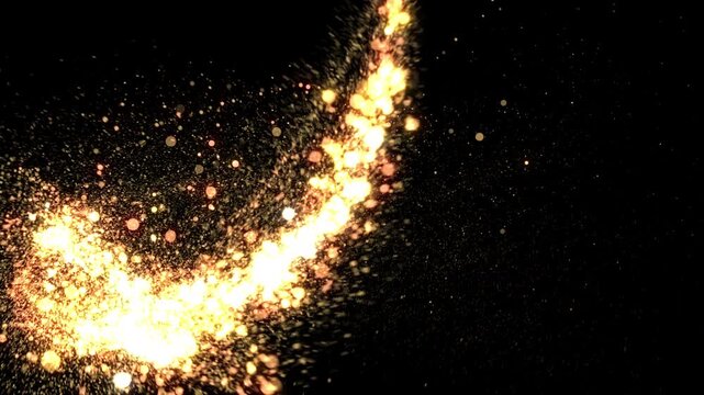 Firework Gold Color Fly in Front of the Camera Close-up. Christmas Style Design Element Overlay Screen Black Background. Stars Trail Moving Along a Curve. Twinkling Particles Golden Dust Glowing 4k.