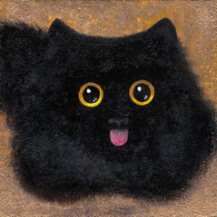 Oil Painting of Super Cute Funny Black Cat with Big Eyes. Whimsical artwork of cute animal, wall art print