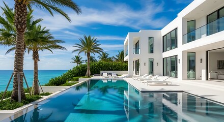 Fototapeta premium Sleek Modern White Villa with Infinity Pool Overlooking Azure Ocean and Tropical Palm Trees.