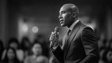 Man in suit giving lecture to audience while holding microphone  