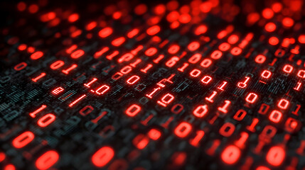 Red binary code background with digital ones and zeros glowing in the dark space abstract