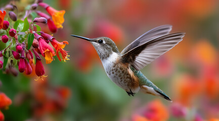 Obraz premium Hummingbird mid-flight feeding on flowers, frozen motion, macro clarity