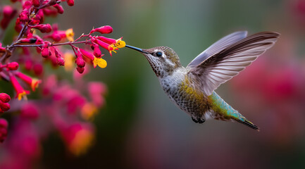 Fototapeta premium Hummingbird mid-flight feeding on flowers, frozen motion, macro clarity