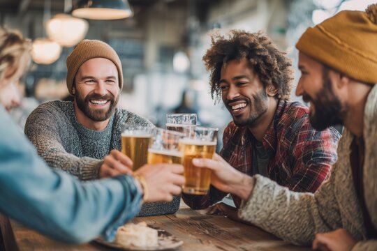 Happy friends toasting with beer in the bar while having lunch together.