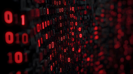 Red binary code pattern with zeros and ones glowing on a dark textured background surface