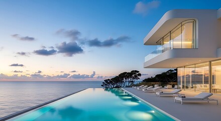 Fototapeta premium Opulent Coastal Living - Sleek White Villa and Infinity Pool Under a Serene Dusk Sky.