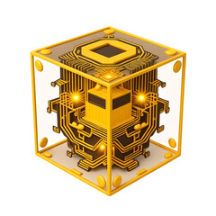 Futuristic golden cube with circuitry isolated on transparent background