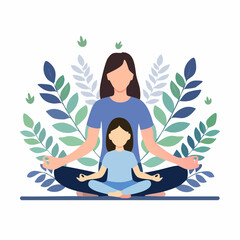 Mother and Daughter Meditating in Nature A Peaceful Yoga Illustration for Well-being