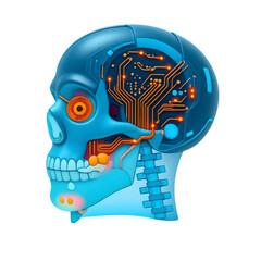 Futuristic blue skull with internal glowing circuit board isolated on transparent background