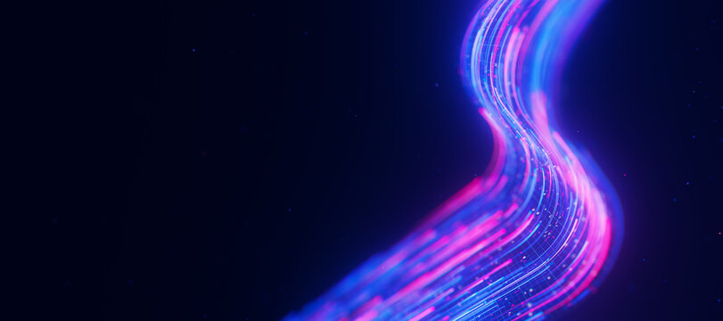 Bigdata light speed data flow S-turn closeup. Abstract digital data stream of quantum computing. Cyberspace of qubit trails. Modern tech information transmission.
