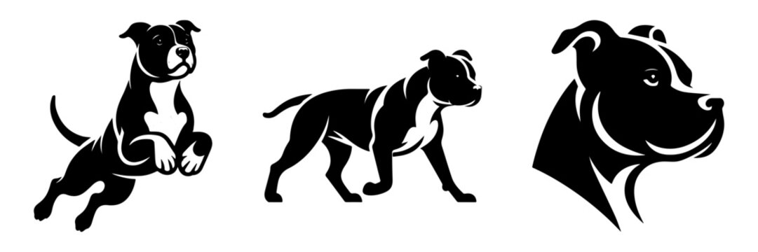 Pitbull dog silhouettes in various poses black and white vector art.