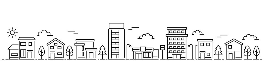 細い線の街並みイラスト バナーサイズ（背景・白）