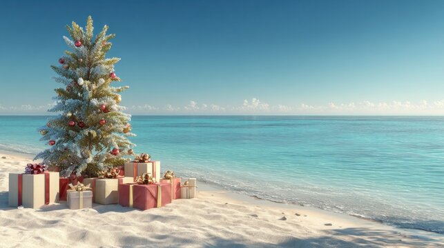 Festive Christmas tree adorned with gifts on a serene tropical beach under a clear blue sky.