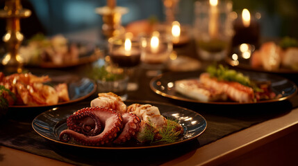 A beautifully set table with plates of food and lit candles creating a warm and inviting atmosphere