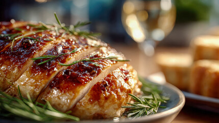Close-up of roasted turkey breast garnished with rosemary, representing festive holiday meals and family gatherings
