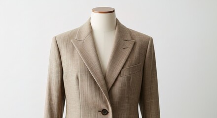 Close up of a beige blazer on a mannequin against white wall , trending, fashion, lifestyle