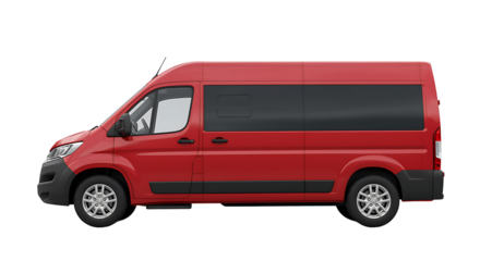 A vibrant red commercial van is shown in a side profile view.