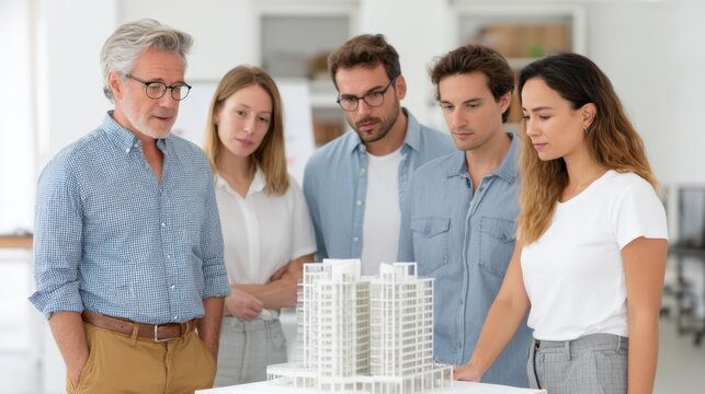 Group of Architects Engaged in Discussion Over a Scale Model of a Modern Building Design in an Office Space