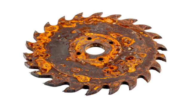 Heavily Rusted and Corroded Circular Saw Blade Close-up Isolated on transparent background