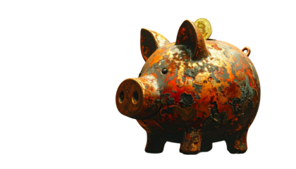 Corroded and Rusty Old Metal Piggy Bank with Bitcoin Close-up Isolated on transparent background