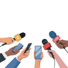 The hands of reporters with microphones and smartphones conducting interviews