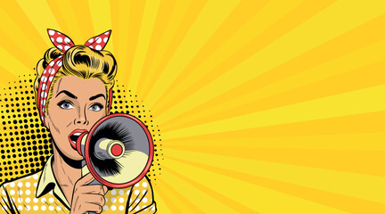 A young woman in pop art style with a loudspeaker. On a yellow background. Vector comic in pop art style.