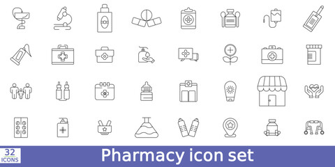   Pharmacy, medicine, healthcare thin line icons.