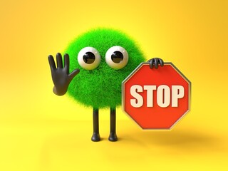 Fluffy, cute monster holding a stop sign, symbolizing caution or halting. 3D rendering, conceptual image. Isolated on white background.