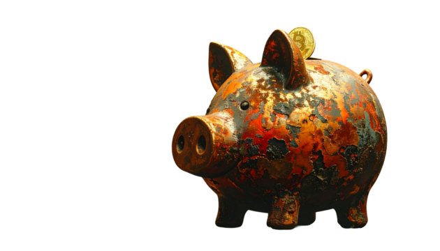 Corroded and Rusty Old Metal Piggy Bank with Bitcoin Close-up Isolated on transparent background