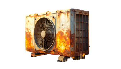 Abandoned and Heavily Rusty Outdoor Air Conditioning AC Unit Isolated on transparent background